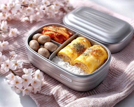 Korean lunchbox with rice, omelet, sausage, and anchovies on a picnic blanket under cherry blossoms