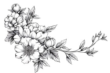 Fototapeta premium Exquisite Floral Corner Black and White Line Art with Blooming Peonies and Delicate Leaves