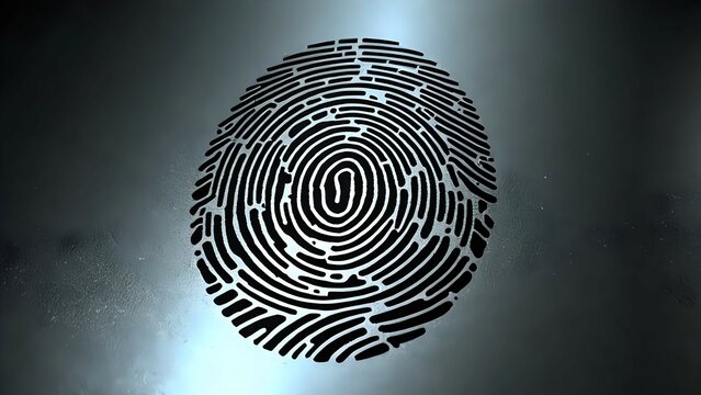 A glowing fingerprint scan animation over a metalic surface