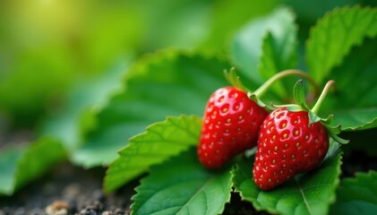 Wild strawberry, ripe red berries on green foliage, outdoor, woodland strawberry, sweet