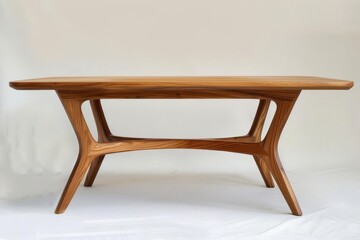 Fototapeta premium A wooden table with uniquely designed legs is centered against a plain, light background. The wood shows natural grain and varied warm tones.
