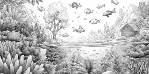 Detailed pencil sketch of an underwater scene with a small house.