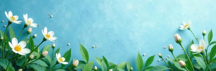 Soft blue canvas displays fragile white flowers & vibrant green leaves Calming nature scene , white flowers, gentle, macro