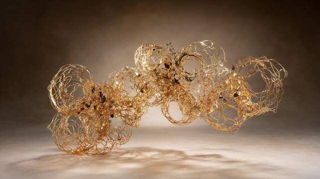 Golden cluster line sculpture, floating over matte champagne surface - Powered by Adobe