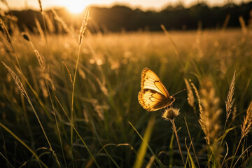 A colorful butterfly sits on top of a bright flower in a lush green field