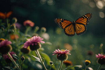 Obraz premium A monarch butterfly flying above a colorful field of flowers, great for illustrating nature, wildlife or environmental themes