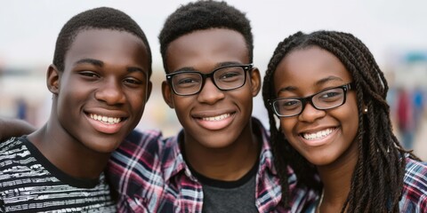 Fototapeta premium Smiling group of three happy friends sharing a joyful moment outdoors against a neutral background showcasing diverse hairstyles and warm expressions in a scenic social environment