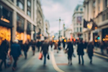 Fototapeta premium Blurred City Street Scene: A Dreamy Impressionist View of Shoppers
