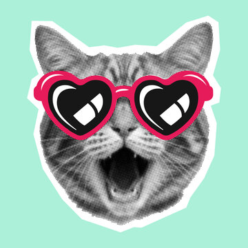 surprised cat with an open mouth wearing heart-shaped sunglasses, retro halftone effect illustration 
