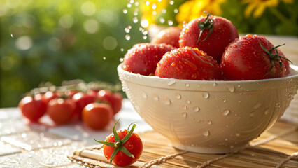 Tomatoes in bowl with water drop on table in natural sunny day background, Tomato in bowl on table in natural view