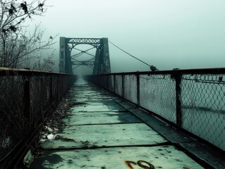 Fototapeta premium Misty, abandoned bridge walkway in winter.