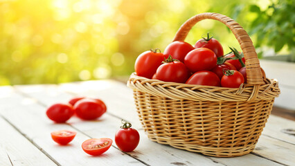 Tomatoes in wicker basket and some tomatoes on table in natural background, Tomato in basket on table