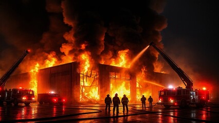 Firefighters are working to extinguish a large fire engulfing an industrial building at night, with flames and smoke billowing into the sky