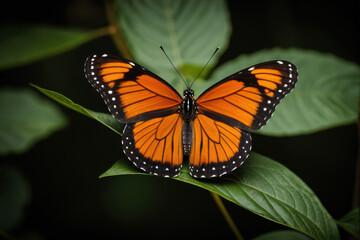 Fototapeta premium A large orange butterfly perched on the edge of a green leaf, showcasing its vibrant color and delicate shape