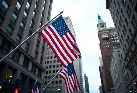 American flags waving on flagpoles in a city, surrounded by tall buildings on a slightly cloudy day. The scene feels patriotic and urban 