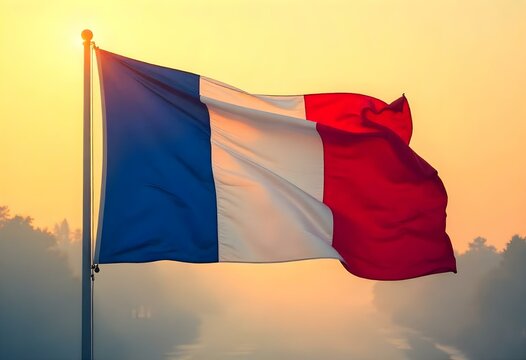 Illustration of the French flag waving in the wind, featuring vertical blue, white, and red stripes, set against a bright blue sky