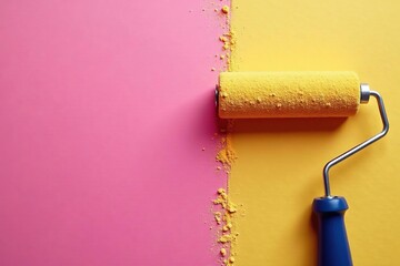 Close-up paint roller on freshly painted wall, interior, application, tool