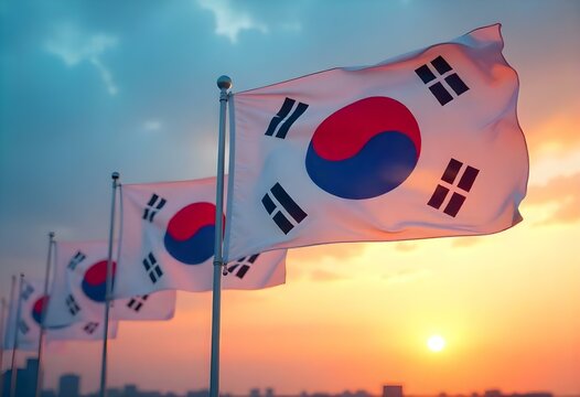 Realistic digital painting of multiple South Korean flags waving in the wind during sunset. Show the red and blue circle with black trigrams on each white flag clearly. 