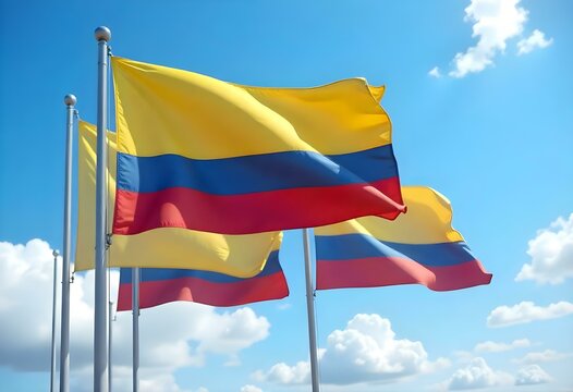 Realistic digital painting of several Colombian flags waving in the wind under a bright blue sky. The flags are lined up on tall flagpoles, showing the yellow, blue, and red stripes clearly.