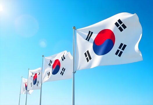 Realistic digital painting of several South Korean flags waving in the wind against a clear blue sky. Each flag features the red and blue yin-yang symbol and black trigrams on a white field. Arrange t