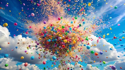 A vibrant explosion of colorful balloons and confetti against a bright blue sky, a whimsical scene of joyous celebration and festive atmosphere