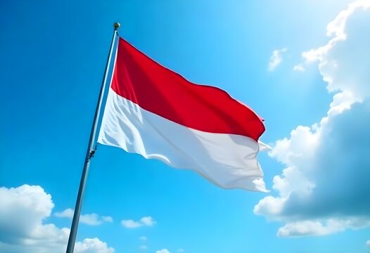 The Indonesian flag waving on a tall flagpole under a bright blue sky with some clouds. The red and white colors are vibrant and clear, creating a proud and peaceful atmosphere
