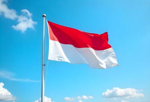 The Indonesian flag waving on a tall flagpole under a bright blue sky with some clouds. The red and white colors are vibrant and clear, creating a proud and peaceful atmosphere