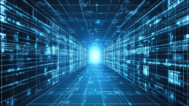 Abstract digital tunnel of glowing blue data streams