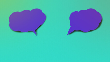 A modern digital illustration featuring two purple dialogue elements one speech bubble and one thought bubble on a smooth turquoise-to-green gradient background