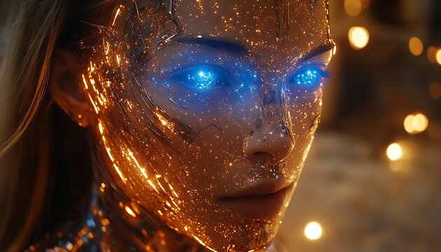 Futuristic female cyborg face close-up