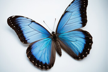 A blue and black butterfly perches on a white surface, offering a close-up view of its colors and patterns