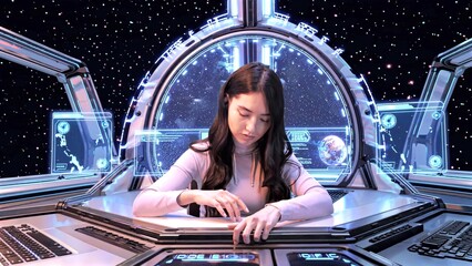 Young Asian woman astronaut piloting spaceship through the galaxy, using futuristic control panel with holographic maps and data, exploring the universe on interstellar mission