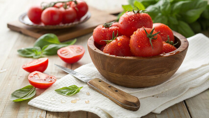 Tomatoes in bowl with water drop and some tomato on wooden table in kitchen, Tomato in wooden bowl on table