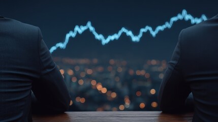 Focused financial professionals observing digital stock market trends against a vibrant city backdrop illuminated by shimmering lights and technology-driven analytics