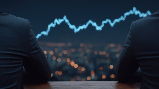 Focused financial professionals observing digital stock market trends against a vibrant city backdrop illuminated by shimmering lights and technology-driven analytics - Powered by Adobe