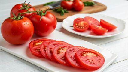 Tomato on plate with water drop and some tomatoes slice on table in kitchen