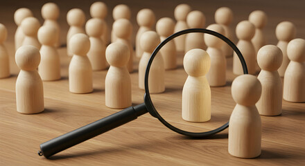 recruitment,  hiring,  headhunting, Finding the Right Candidate Magnifying Glass over Wooden Figures