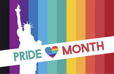 Modern Pride Month 2025 artwork with New York skyline and rainbow heart symbolizing freedom, love and gender eequality. 2025 USA Pride month celebration design