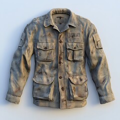 Naklejka premium Worn military jacket with several pockets and a detailed aged texture on a pristine white background high resolution photo