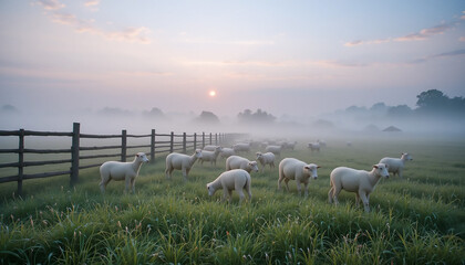 Obraz premium Pastoral Morning Fog with Sheep