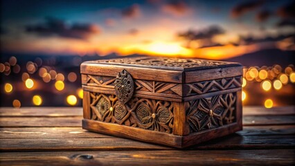 Intricately Carved Wooden Box Rests on Rustic Wooden Surface at Sunset with Bokeh Lights
