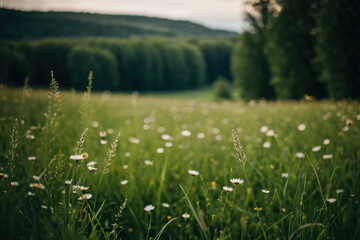 A green field filled with tall grass and colorful wildflowers