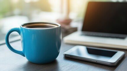 Morning Coffee Break: Laptop, Phone, and a Blue Mug