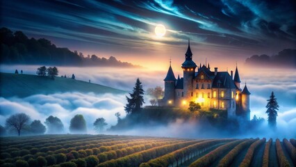 Fototapeta premium Enchanted Castle nestled in a mystical fog-filled valley, illuminated by the soft glow of a full moon, surrounded by tranquil rows of vibrant vegetation.