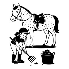 Girl cleaning up horse manure with pitchforks