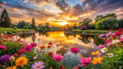 Obraz premium Serene Sunset Vista Vibrant Blooms Reflecting in Calm Waters of a Picturesque Pond
