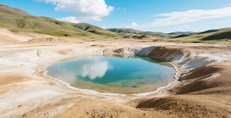 Expansive Geological Formation with Circular Clear Water Hole and Rugged Earth under Bright Blue Sky