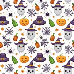 Cute Halloween pattern with ghosts, pumpkins, hats, and spiderwebs