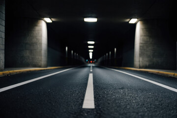 A long empty road in a dark tunnel