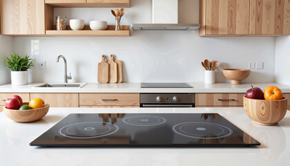 Energy-efficient induction cooktop in bright family kitchen with fruits and wooden decor elements  